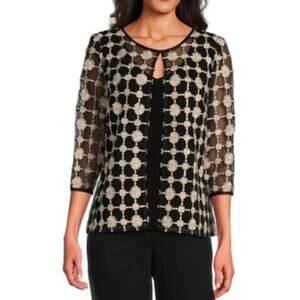 Alex Evenings petite size embroidered stretch tulle crew neck 3/4 sleeve twinset